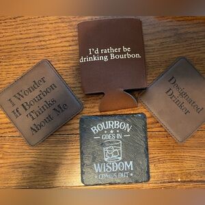 NWOT🥃 2 FUNNY LEATHER DRINK COASTERS, 1 concrete material coaster and a 🥃 cozzy!